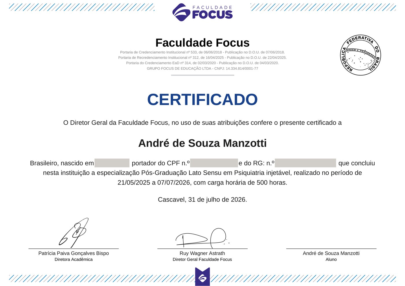 Certificado de pós-graduação em Psiquiatria Injetável emitido pela Faculdade Focus